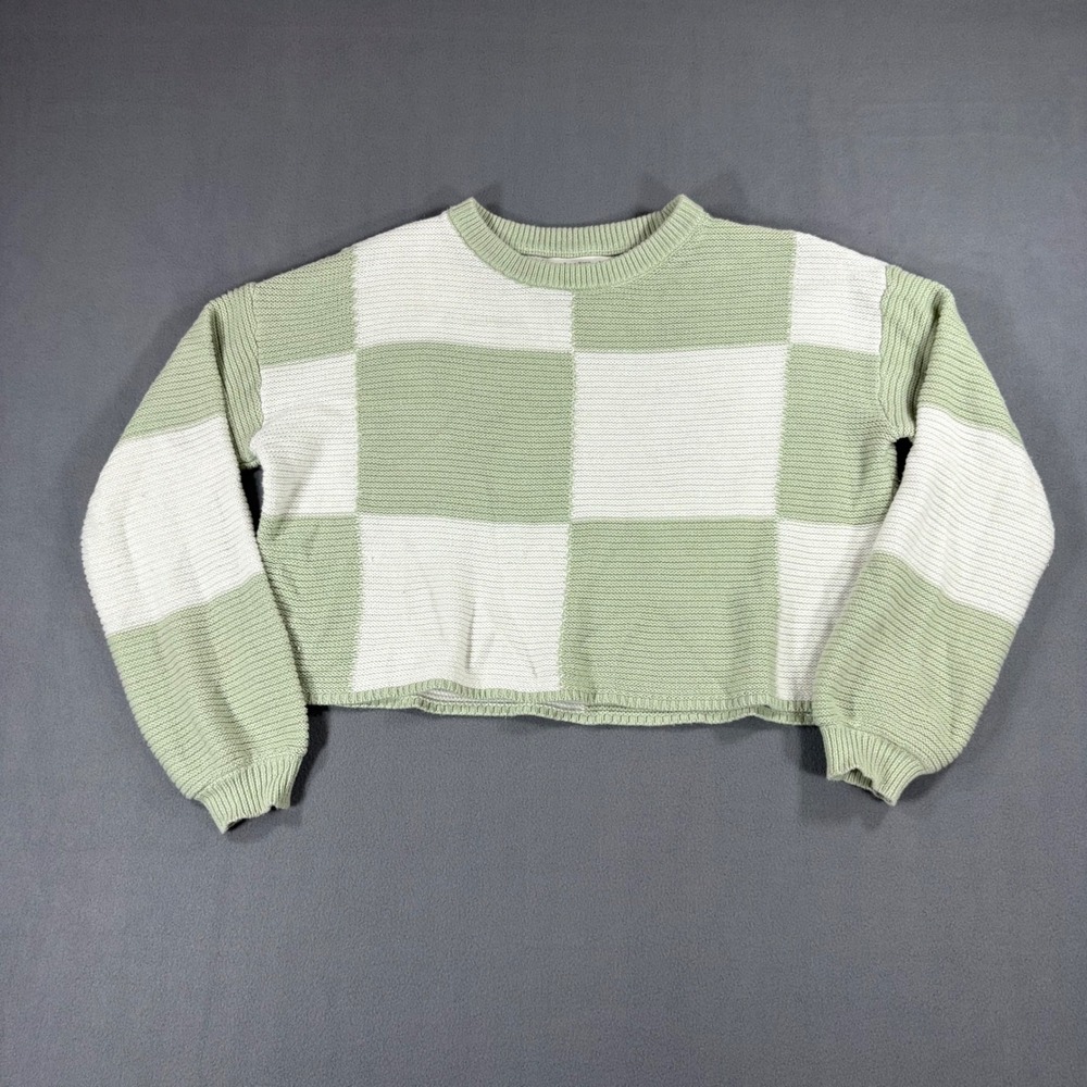Moon & Madison Sweater Womens Medium Green White Checkered Cropped Knit